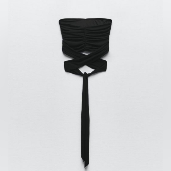 Zara Black Knitted Bandeau Cropped Tie Top L - Picture 7 of 8